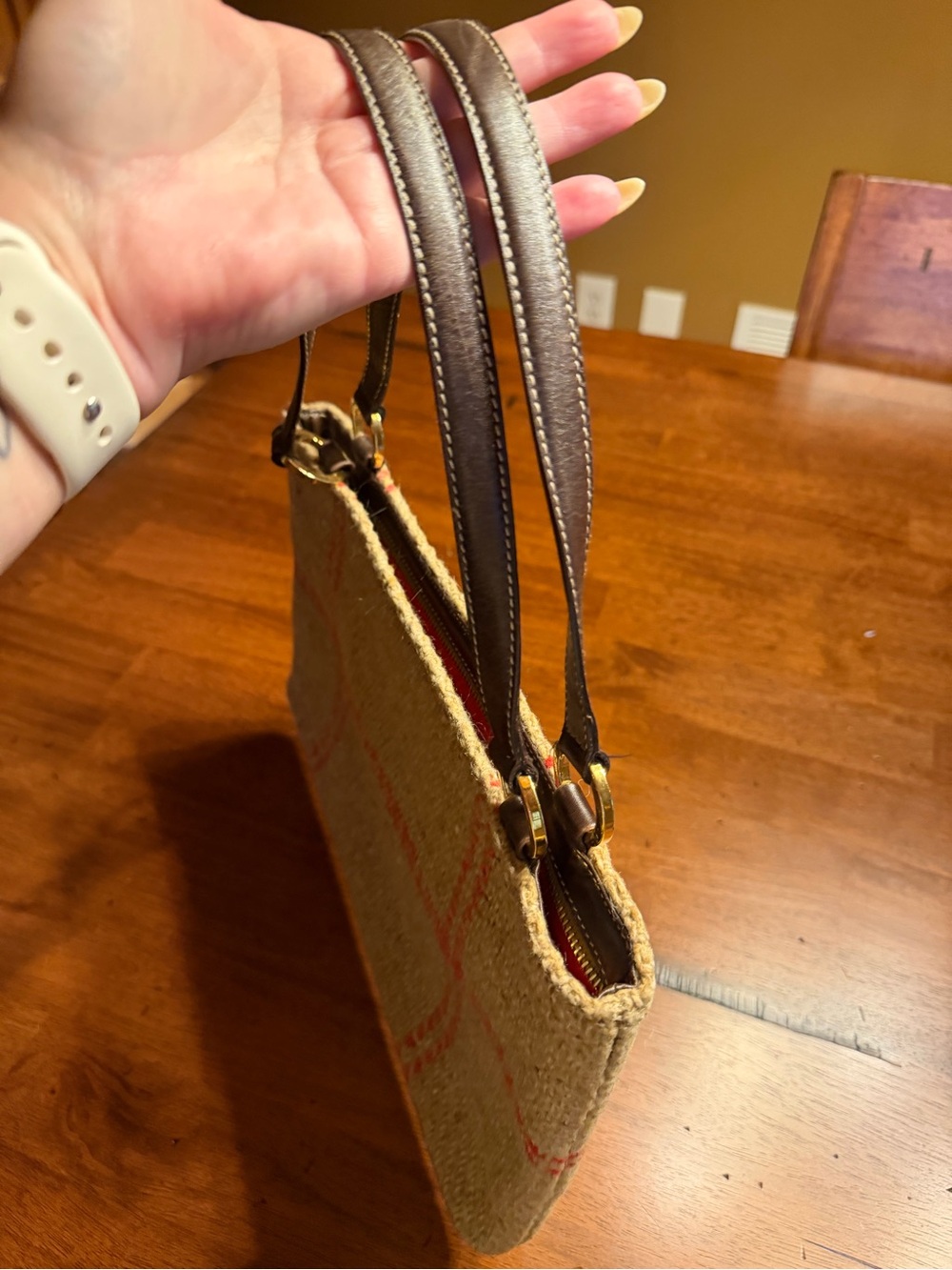kate spade VINTAGE Made in Italy Beige Tweed Pink Plaid Suede Interior Gold Feet - Picture 9 of 14
